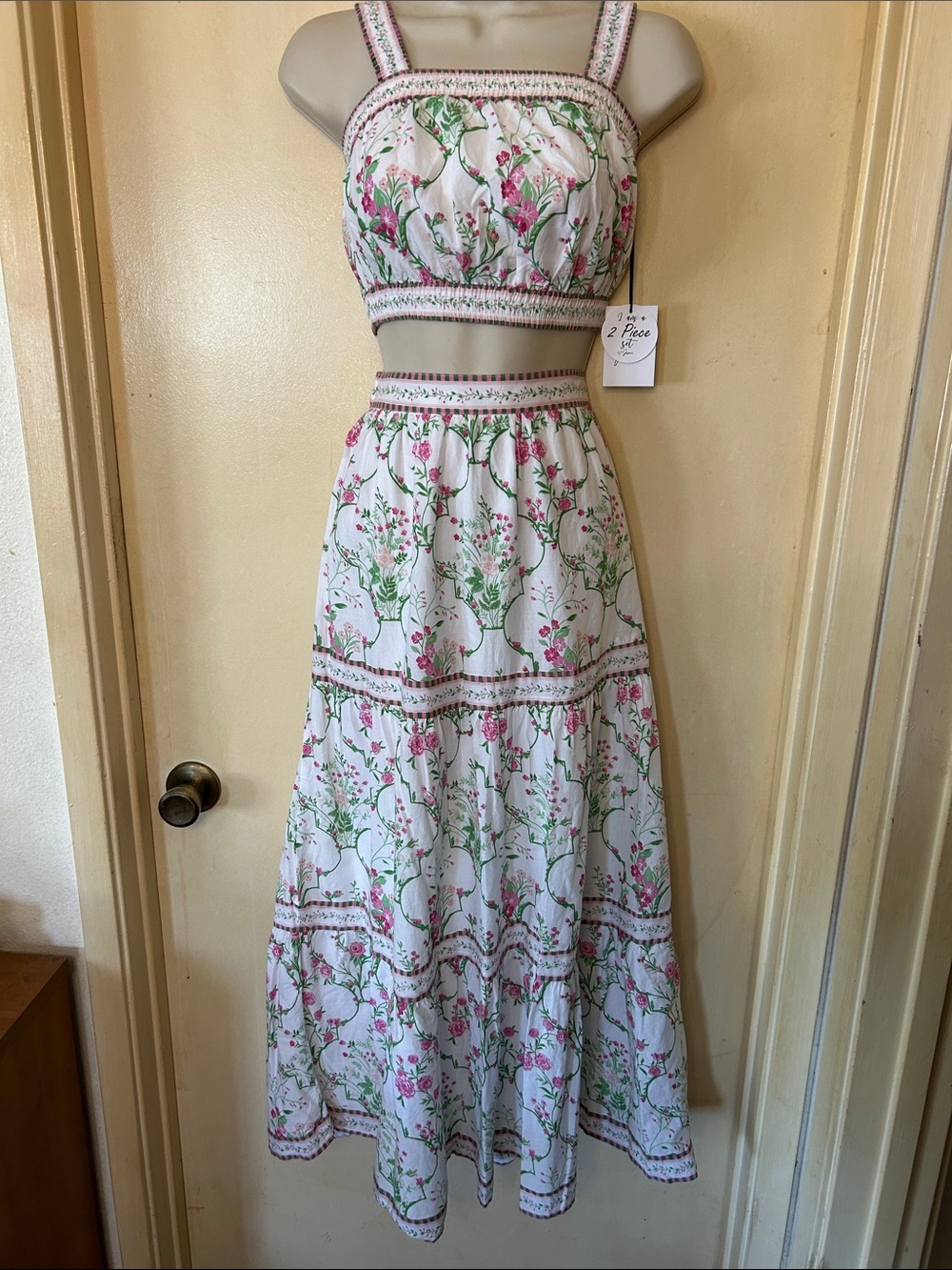 Japna White Floral Two-Piece Skirt Set with Pink and Green Print size XS